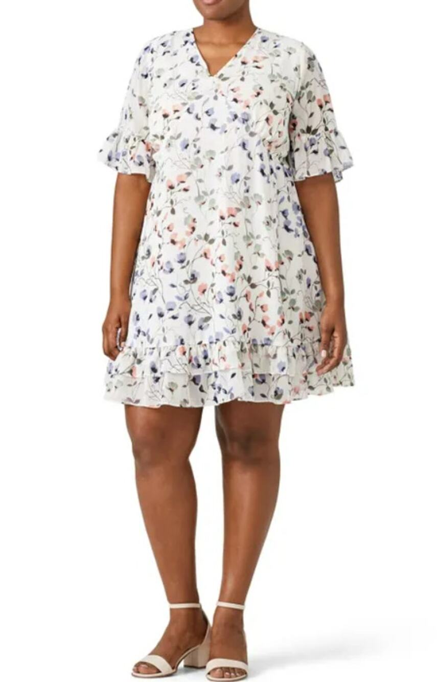 Junarose Floral Ruffle Hem Dress White V Neck Printed Chiffon Womens Size US 14